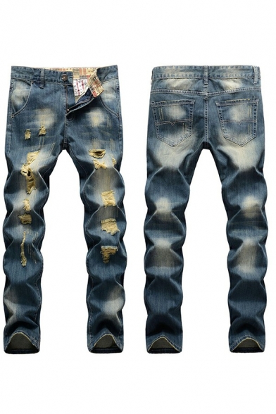 Men Modern Jeans Solid Color Zip Placket Distressed Pocket Detail Jeans