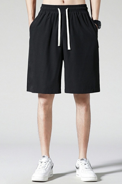 Men Simple Shorts Solid Color Elastic Waist Ice Silk Drawstring Shorts