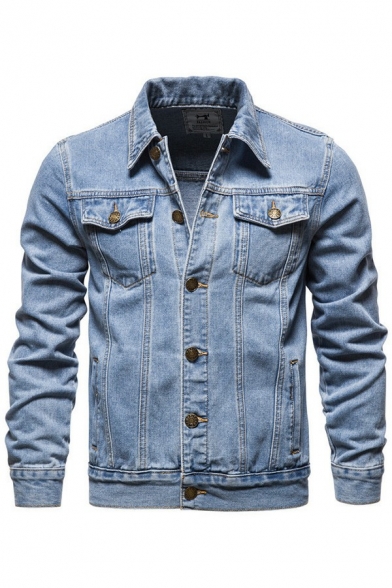 Modern Guys Denim Jacket Plain Turn-down Collar Button Closure Pocket Detail Denim Jacket