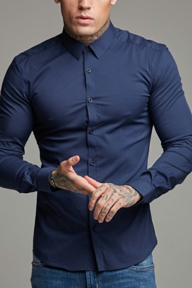 Modern Shirt Solid Color Turn-down Collar Button Fly Slim Fit Shirt for Men