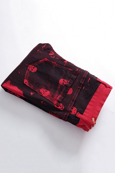 Simple Mens Jeans Skull Print Medium Wash Pocket Detail Zipper Placket Jeans in Red
