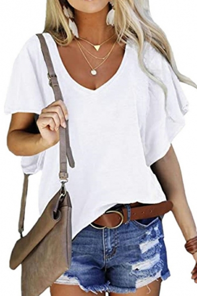 Simple Women T-shirt Pure Color Short Sleeve V-Neck Irregular Hem Tee Top