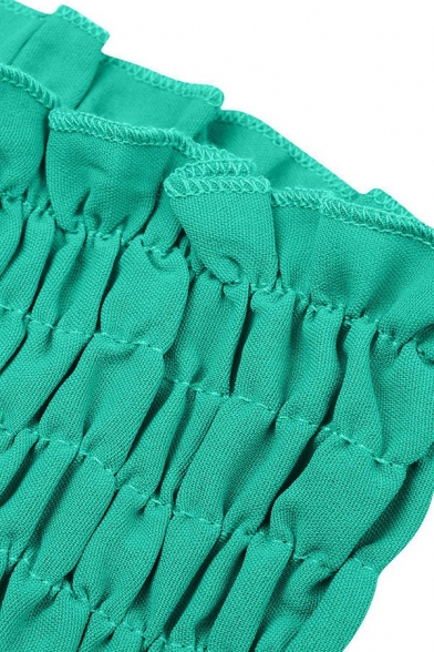 Street Ladies Plain Set Solid Color Shirred Bandeau Tied Crop Top & Shorts Two Piece Set
