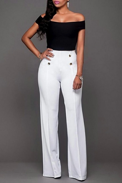 Stylish Plain Pants High Rise Button Detail Elastic Waist Pants for Women