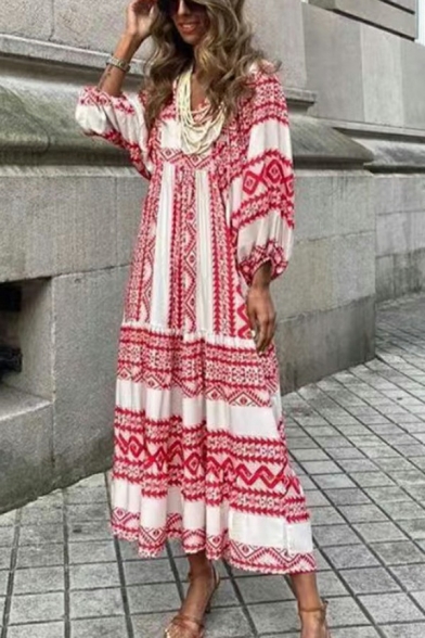 Trendy Women Dress Floral Pattern Long Length Puff Sleeves V Neck Sashes Detail Dress