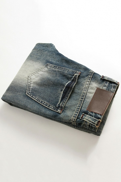 Urban Mens Plain Jeans Medium Wash Ripped Design Mid Rise Zipper Placket Full Length Jeans