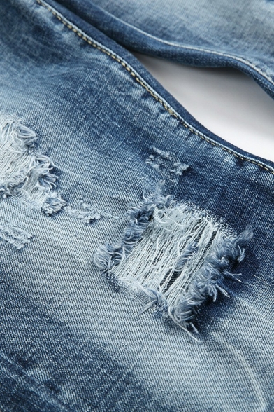 Urban Mens Plain Jeans Medium Wash Ripped Design Mid Rise Zipper Placket Full Length Jeans