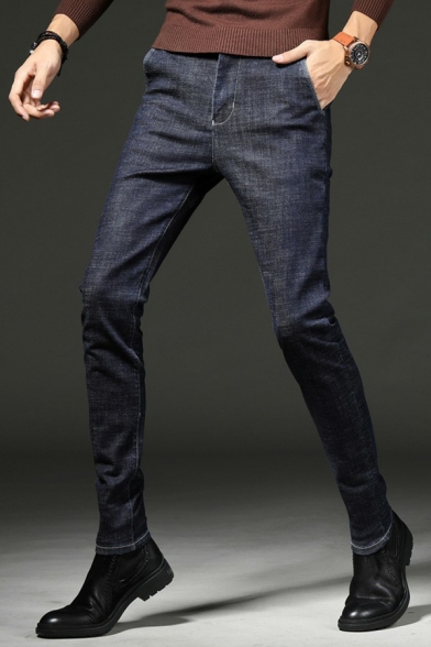 Urban Mens Solid Color Jeans Medium Wash Pocket Detail Zipper Placket Jeans