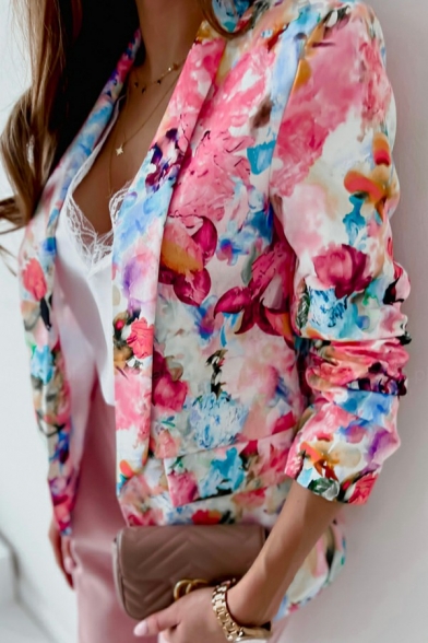 Women Dashing Suit Blazer Floral Print Lapel Collar Single Button Pocket Detail Suit Blazer