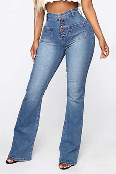 Women's Classic Jeans Solid Color Mid Rise Pocket Detail Button Placket Jeans
