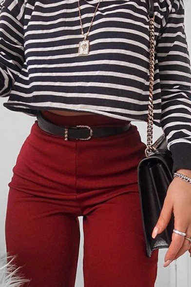 Women Stylish Sweatshirt Stripe Pattern Round Neck Ribbed Cuffs Cropped Sweatshirt