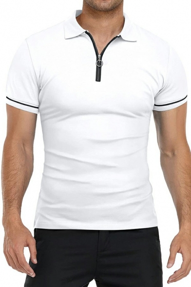 Basic Men Polo Shirt Contrast Line Zipper Detail Spread Collar Short-sleeved Polo Shirt