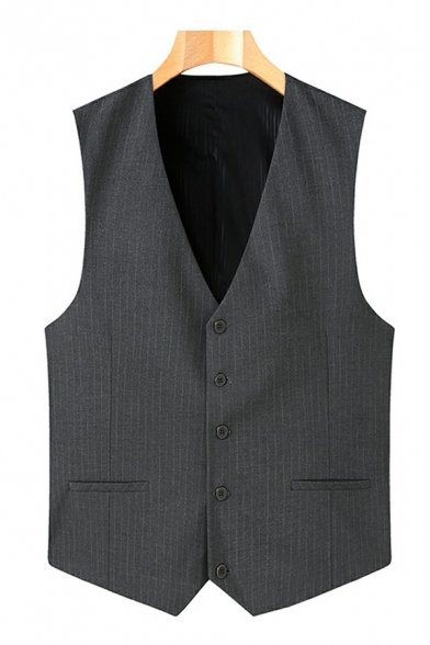 Basic Suit Vest Striped Print V-Neck Relaxed Fit Button Placket Suit Vest for Men
