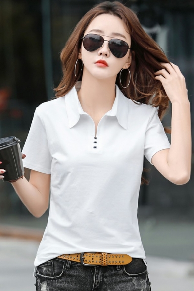 Basic Womens Polo Shirt Plain Turn-Down Collar Short Sleeve Gym Polo Shirt