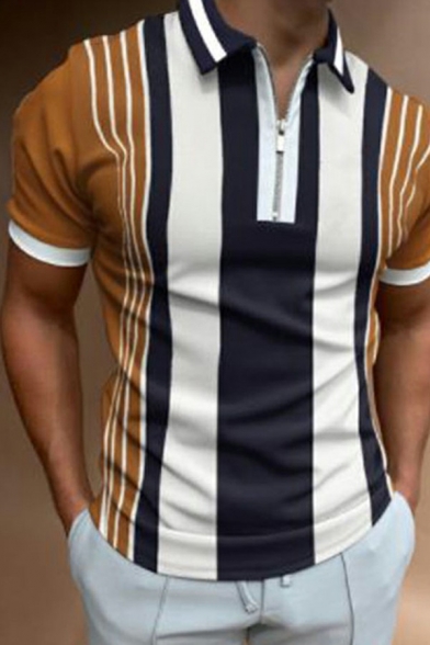 Chic Men Polo Shirt 3D Stripe Printed Zipper Detail Spread Collar Short Sleeves Polo Shirt