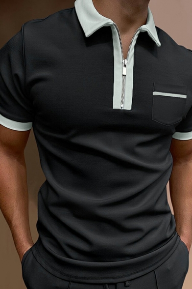Classic Men's Polo Shirt Contrast Color Zip Detail Short Sleeves Chest Pocket Polo Shirt