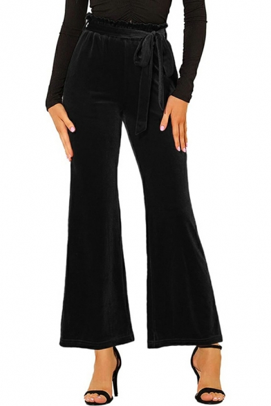 Elegant Women Plain Pants Mid Rise Pocket Detail Straight Fit Pants with Belt