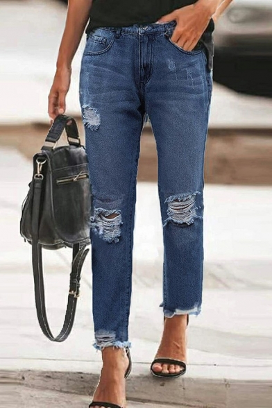 Flirty Jeans Pure Color  Middle Waist Ankle Length Ripped Pocket Jeans for Ladies