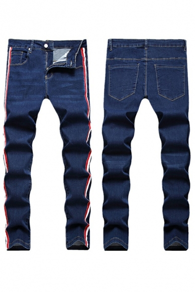 Men Unique Jeans Striped Print Zip-Fly Pocket Detailed Denim Pants