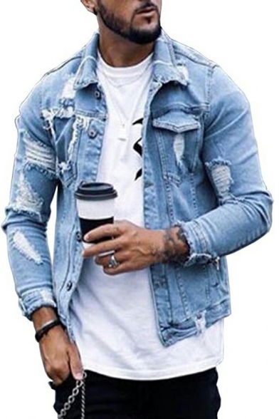 Street Look Guy's Jacket Pure Color Chest Pocket Spread Collar Distressed Denim Jacket in Blue