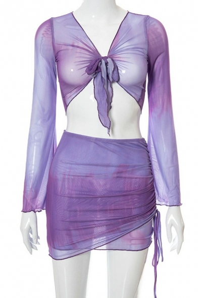 Stylish Ladies Mesh Co-ords Tie Dye Flare Sleeve Crop Shirt & Mini Wrap Skirt Co-ords