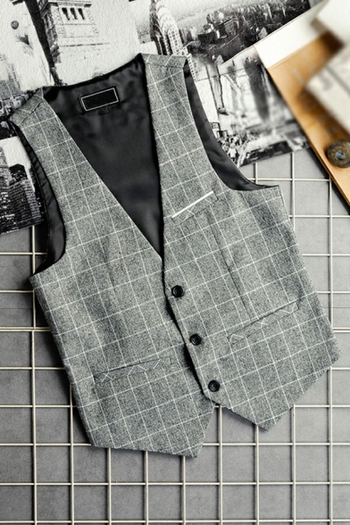 Vintage Grey Vest Plaid Print V-Neck Side Pocket Slim Fit Button Placket Suit Vest for Men