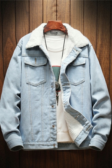 Vintage Jacket Plain Brushed Spread Collar Button-up Pocket Detail Denim Jacket for Men