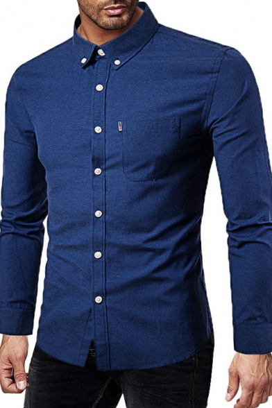 Vintage Men's Shirt Plain Long Sleeves Pocket Detail Button-down Collar Shirt