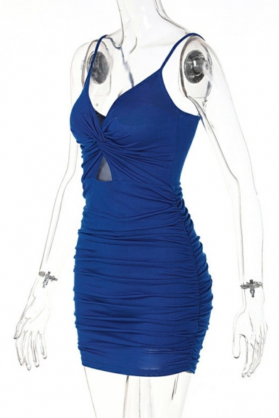 Women Street Look Dress Cross Design Plain Spaghetti Straps Short Dress