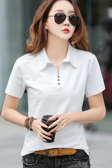 Basic Womens Polo Shirt Plain Turn-Down Collar Short Sleeve Gym Polo Shirt