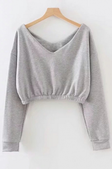 Chic Sweatshirt Plain Off the Shoulder V-Neck Cropped Banded Bottom Sweatshirt for Ladies