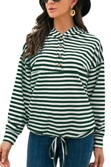 Classic Women's Hoodie Stripe Printed 1/4 Button Bottom Tied Hoodie