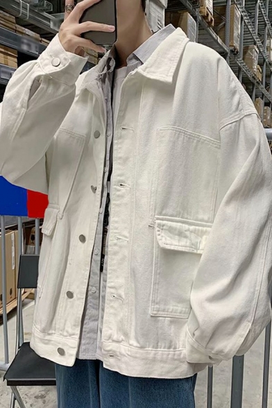 Guys Popular Denim Jacket Pure Color Flap Pocket Button Closure Spread Collar Denim Jacket