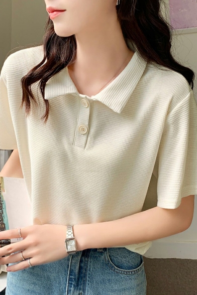 Leisure Womens Polo Shirt Plain Turn-Down Collar Button Down Short Sleeve Polo Shirt