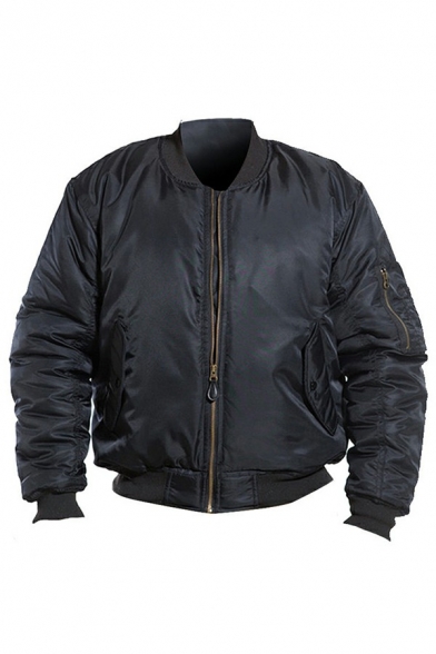 Men Trendy Bomber Jacket Pure Color Zip Closure Pocket Detail Bomber Jacket