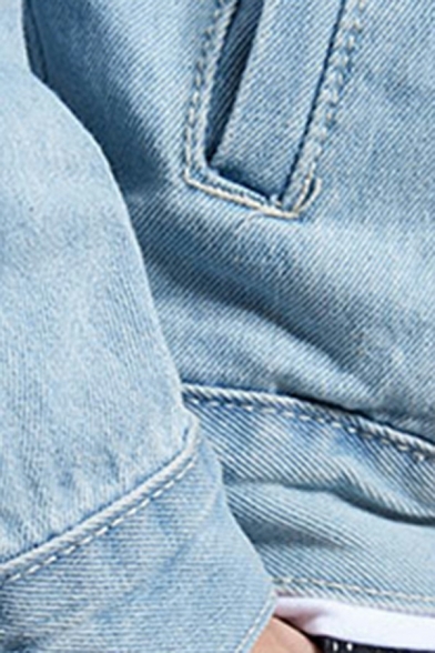 Modern Jacket Plain Chest Pocket Spread Collar Distressed Button-up Denim Jacket for Men