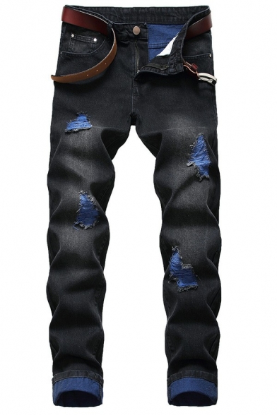 Simple Mens Plain Jeans Medium Wash Distressed Design Pocket Detail Zipper Placket Jeans