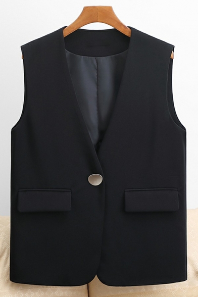 Simple Vest One Button V-Neck Side Pocket Loose Fit Suit Vest for Ladies
