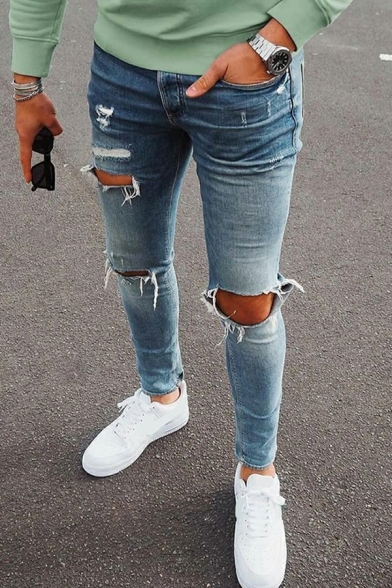 Stylish Jeans Pure Color Broken Hole Mid Rise Slim Fit Zip Placket Jeans for Men