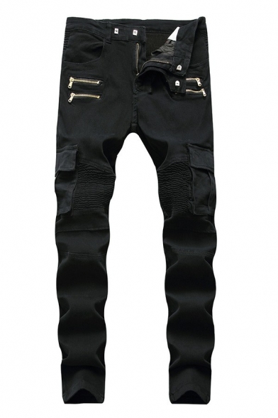 Stylish Mens Plain Jeans Medium Wash Zip Decoration Pocket Detail Zipper Placket Jeans