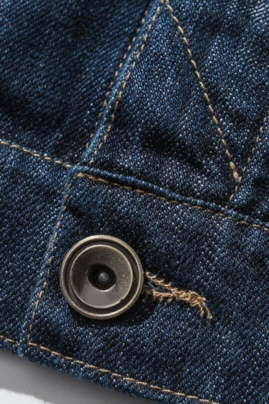 Trendy Guys Blue Denim Jacket Spread Collar Button Closure Pocket Detail Denim Jacket