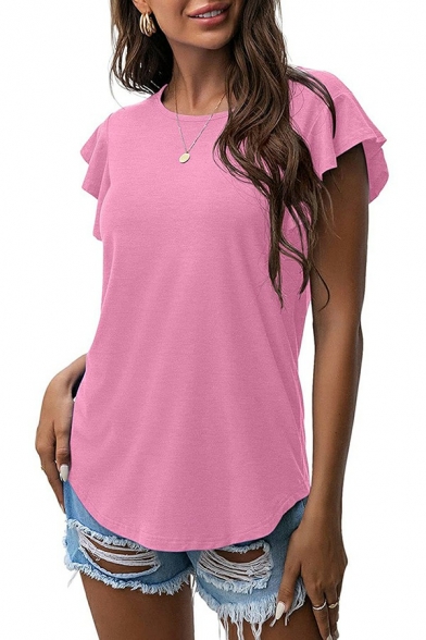Women Daily T-shirt Solid Color Short Sleeve Round Neck Tee Top