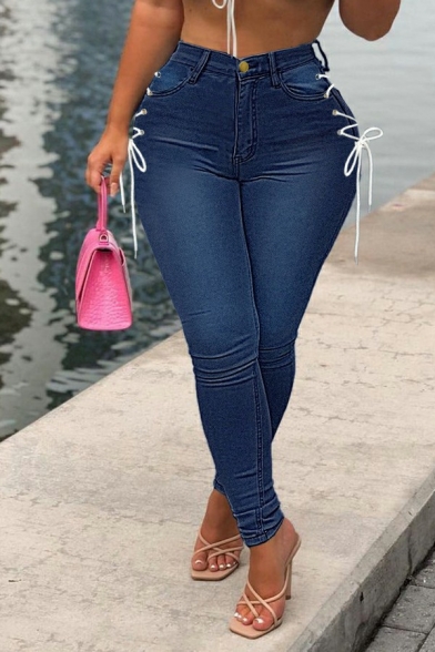Women's Modern Jeans Plain High Rise Lace up Design Pocket Detail Zip Placket Jeans