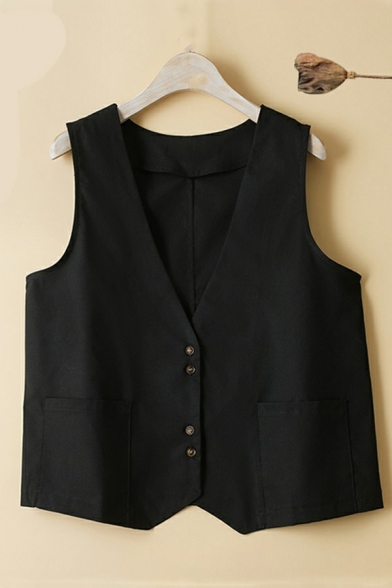Women Vintage Vest Whole Colored Button Placket Front Pocket Deep V-Neck Vest