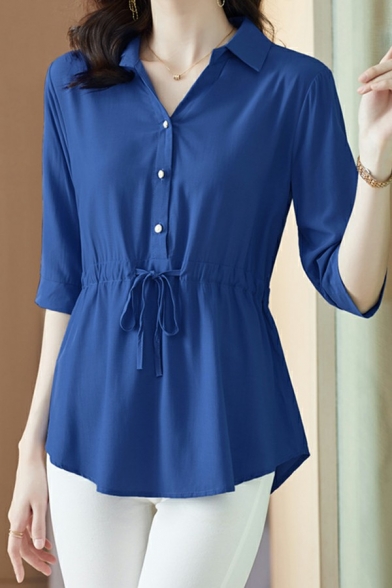 Casual Womens Polo Shirt Plain Spread Collar Half Sleeve Control-Waist Long Polo Shirt