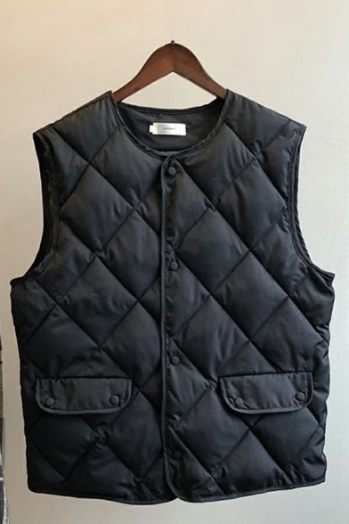 Classic Women Plain Vest Crew Neck Diamond Texture Button Closure Pocket Detail Vest