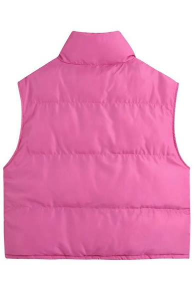 Classic Women Vest Stand Collar Pure Color Zip Closure Pocket Detail Vest