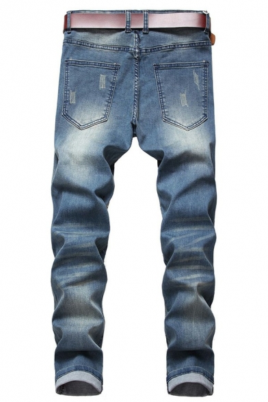Cool Mens Plain Jeans Medium Wash Distressed Design Pocket Detail Zipper Placket Jeans