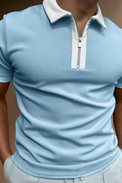 Dashing Men Polo Shirt Contrast Color Zipper Detail Short-sleeved Spread Collar Polo Shirt