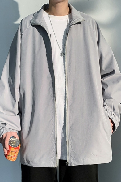 Fashionable Men Jacket Pure Color Hooded Pocket Long Sleeve Oversized Zip Fly Jacket